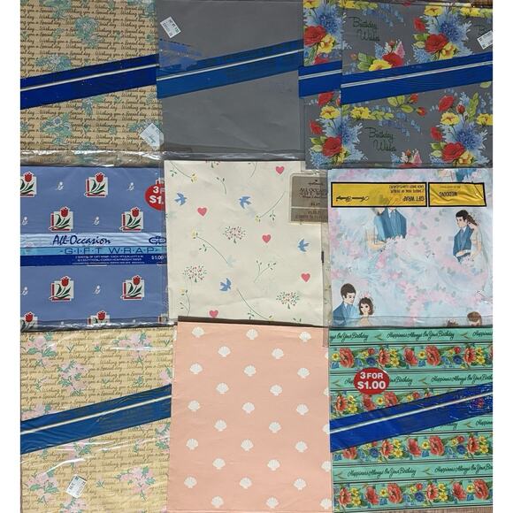 Vintage Wrapping Paper Lot Mixed Designs 1960s 1990s New Sheets Gift Wrap - Picture 6 of 7
